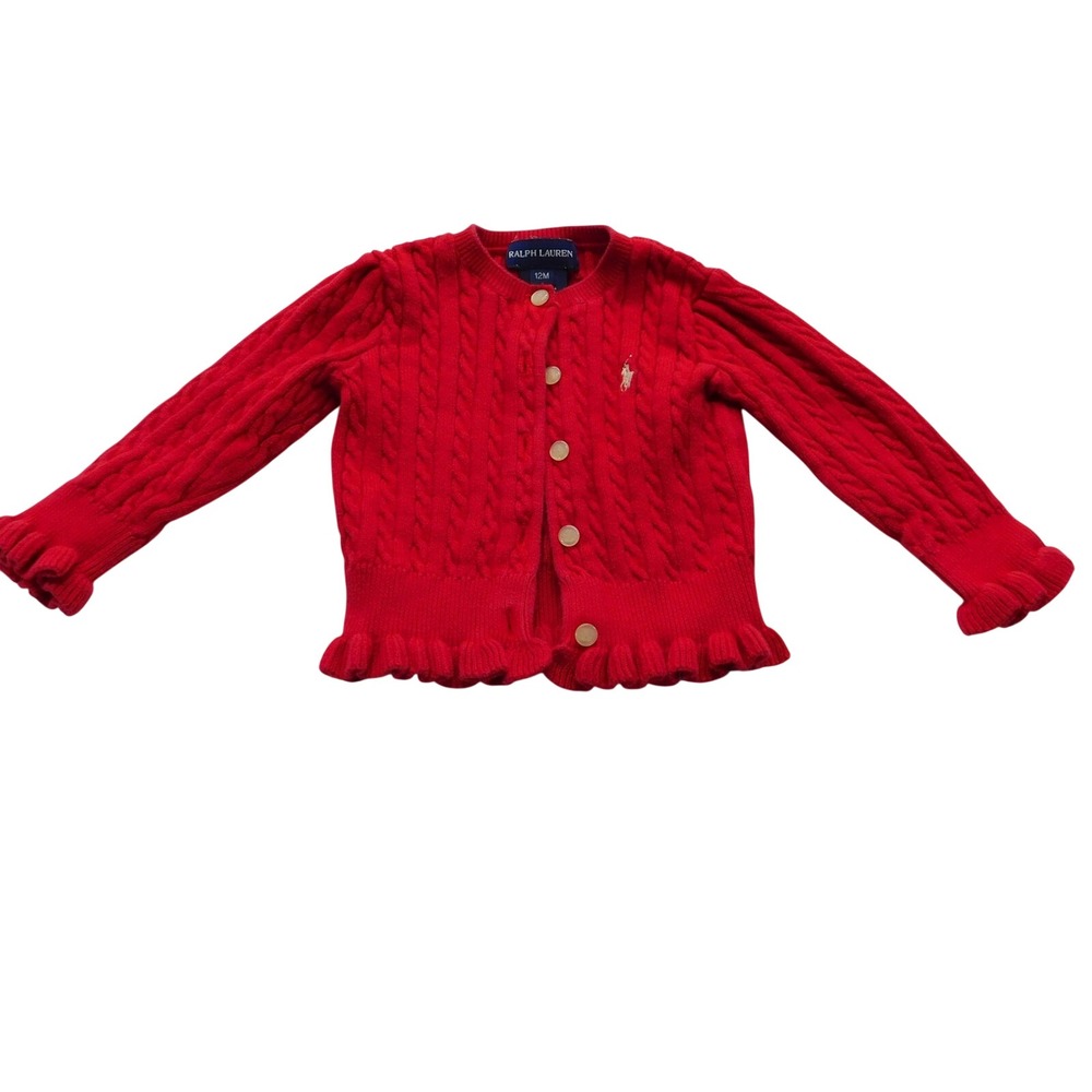 Ralph Lauren Cable Knit Ruffle Cardigan Baby 12M Red‎ Cotton